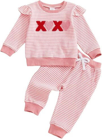 Toddler Girl Valentines Day Outfit Baby Clothes Embroidery Long Sleeve Sweater Bell Sweatpants Fall Spring Outfits in Saudi Arabia