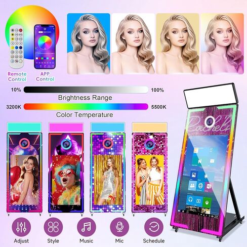 Magic Mirror Photo Booth 65-43in Interactive Touch Screen Built-in PC Mirror Photo Booth Machine APP Remote Control RGB Light Idea Instant Printing and Share for Event Rental Party (Black) in Saudi Arabia