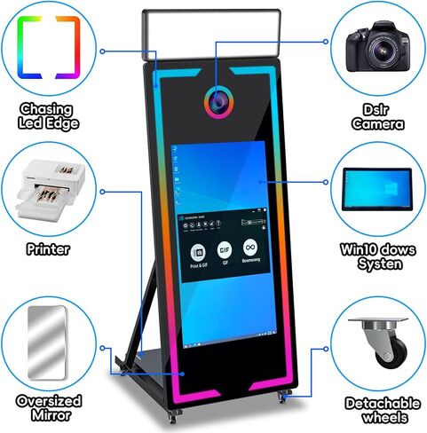 Magic Mirror Photo Booth 65-43in Interactive Touch Screen Built-in PC Mirror Photo Booth Machine APP Remote Control RGB Light Idea Instant Printing and Share for Event Rental Party (Black) in Saudi Arabia