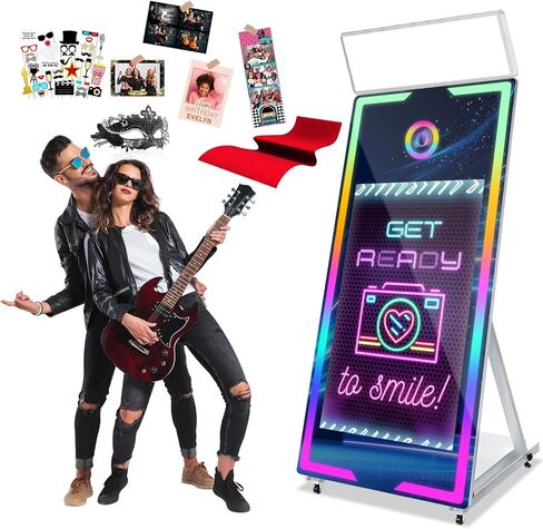 Magic Mirror Photo Booth 65-43in Interactive Touch Screen Built-in PC Mirror Photo Booth Machine APP Remote Control RGB Light Idea Instant Printing and Share for Event Rental Party (Black) in Saudi Arabia