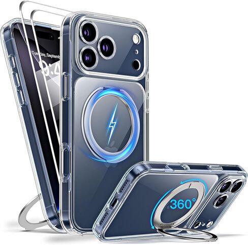 Magnetic for iPhone 17 Pro Max Case Non-Yellowing [2 x Screen Protector] Compatible with MagSafe Military Grade 17 FT Drop Shockproof Full Camera Protection 360° Spin Stand Phone Cover Clear in Saudi Arabia