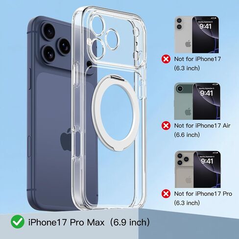 Magnetic for iPhone 17 Pro Max Case Non-Yellowing [2 x Screen Protector] Compatible with MagSafe Military Grade 17 FT Drop Shockproof Full Camera Protection 360° Spin Stand Phone Cover Clear in Saudi Arabia
