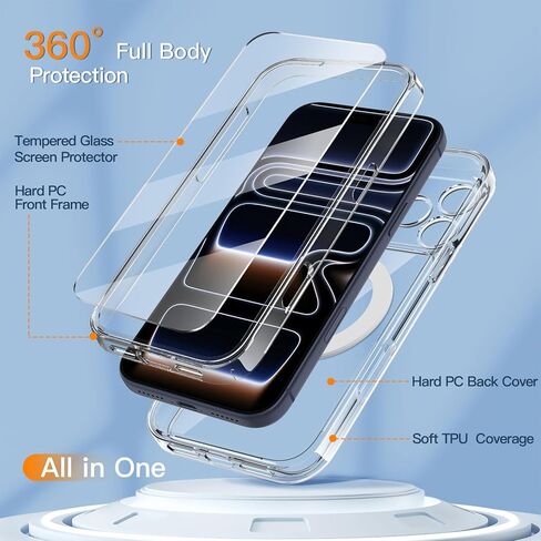 Magnetic for iPhone 17 Pro Max Case Non-Yellowing [2 x Screen Protector] Compatible with MagSafe Military Grade 17 FT Drop Shockproof Full Camera Protection 360° Spin Stand Phone Cover Clear in Saudi Arabia