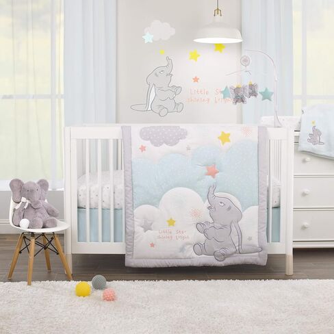 Disney Dumbo Shine Bright Lil Star Light Blue, Gray, and White Stars and Clouds 4 Piece Nursery Crib Bedding Set - Comforter, Fitted Crib Sheet, Changing Pad Cover, and Crib Skirt in Saudi Arabia