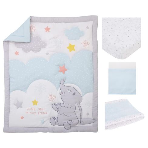 Disney Dumbo Shine Bright Lil Star Light Blue, Gray, and White Stars and Clouds 4 Piece Nursery Crib Bedding Set - Comforter, Fitted Crib Sheet, Changing Pad Cover, and Crib Skirt in Saudi Arabia