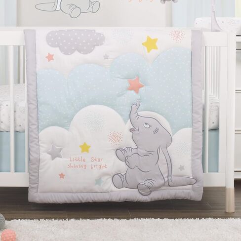 Disney Dumbo Shine Bright Lil Star Light Blue, Gray, and White Stars and Clouds 4 Piece Nursery Crib Bedding Set - Comforter, Fitted Crib Sheet, Changing Pad Cover, and Crib Skirt in Saudi Arabia