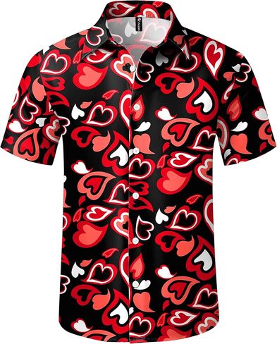 Men Valentines Button Down Shirts Heart Print Short Sleeve Casual Hawaiian Shirt in Kuwait