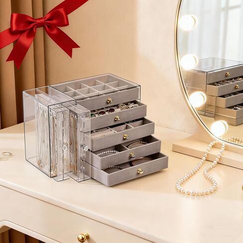 Greenfeather Jewelry Organizer with 7 Removable Drawers, Clear Acrylic Jewelry Box with 40 Necklace Hooks, 120 Pairs of Earring Holes, 2 Velvet-Lined Drawers for Rings, Necklaces, Earrings in Saudi Arabia