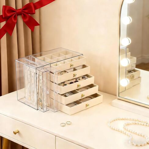 Greenfeather Jewelry Organizer with 7 Removable Drawers, Clear Acrylic Jewelry Box with 40 Necklace Hooks, 120 Pairs of Earring Holes, 2 Velvet-Lined Drawers for Rings, Necklaces, Earrings in Saudi Arabia