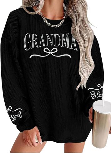 UNIQUEONE بلوزات الجدة النسائية الملونة الجدة إلكتروني طباعة مطرزة Crewneck كم طويل البلوز القمم in Saudi Arabia