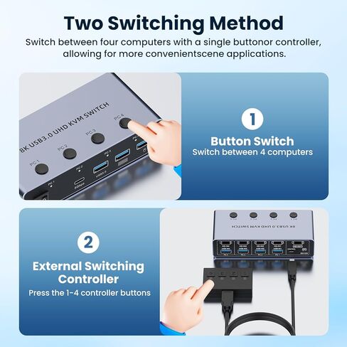 HDMI KVM Switch 4 Computers 1 Monitor, 8K@60Hz HDMI KVM Switcher Share Keyboard,Mouse for Office with 3 USB 3.0+1 USB-C Ports,EDID/HDCP Adaptive,4 USB Cables and Desktop Controller Included in Kuwait