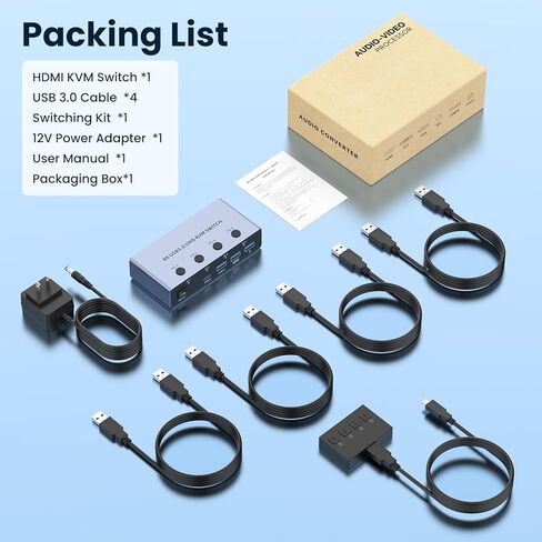 HDMI KVM Switch 4 Computers 1 Monitor, 8K@60Hz HDMI KVM Switcher Share Keyboard,Mouse for Office with 3 USB 3.0+1 USB-C Ports,EDID/HDCP Adaptive,4 USB Cables and Desktop Controller Included in Kuwait