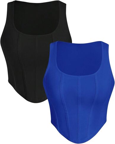 WDIRARA Women's 2 Pack Crop Bustier Corset Tank Top Sleeveless Square Neck Asymmetrical Hem Ribbed T Shirts in Kuwait