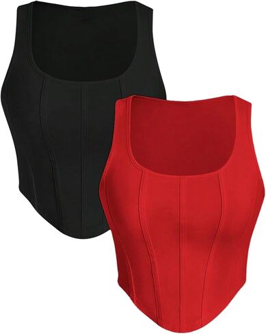 WDIRARA Women's 2 Pack Crop Bustier Corset Tank Top Sleeveless Square Neck Asymmetrical Hem Ribbed T Shirts in Kuwait