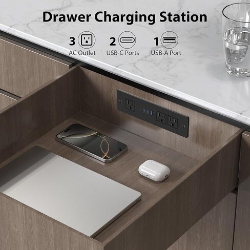Drawer Outlet Kit with 65W USB C Fast Charging Station, HEZI Recessed Power Outlet with 3 USB Ports & 3 AC Outlets, Furniture Flush Mount Power Strip for Home Office 6ft Cord in Kuwait