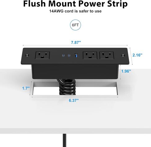 Drawer Outlet Kit with 65W USB C Fast Charging Station, HEZI Recessed Power Outlet with 3 USB Ports & 3 AC Outlets, Furniture Flush Mount Power Strip for Home Office 6ft Cord in Kuwait
