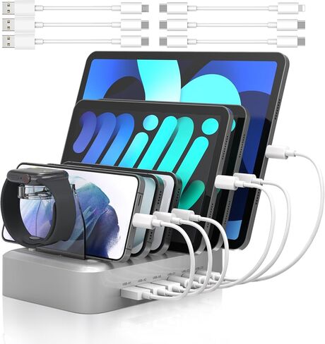 محطة شحن سريعة MSTJRY 90W 6 منافذ USB C لأجهزة متعددة، محطة شحن متعددة PD لهواتف iPhone iPad اللوحية، منظم قاعدة شحن مع فواصل قابلة للتعديل للفصول الدراسية المنزلية والمكتبية in Kuwait