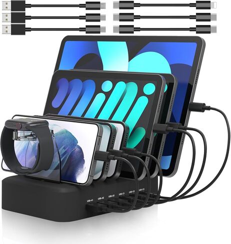 محطة شحن سريعة MSTJRY 90W 6 منافذ USB C لأجهزة متعددة، محطة شحن متعددة PD لهواتف iPhone iPad اللوحية، منظم قاعدة شحن مع فواصل قابلة للتعديل للفصول الدراسية المنزلية والمكتبية in Kuwait