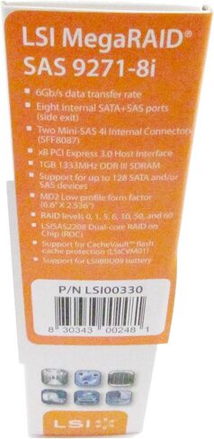 LSI Logic LSI00330 8 منافذ INT.، 6 جيجابايت/ثانية SATA+SAS، PCIE 3.0، 1 جيجابايت DDRIII؛ في الصندوق: MR SAS 9271-8I, Q in Saudi Arabia