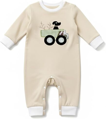 Newborn Baby Boy Outfit Animal Tractor Embroidery Jumpsuit Crewneck Long Sleeve Romper Bodysuit Infant Fall Outfits in Saudi Arabia