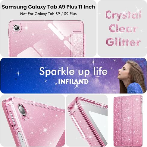 INFILAND Case for Samsung Galaxy Tab A11+Plus/A9+ Plus 11 inch Case (2023/2025), Glitter Tablet Protective Cover with Sparkly Clear Back for Girls Kids (Pink, Galaxy Tab A11 Plus) in Saudi Arabia