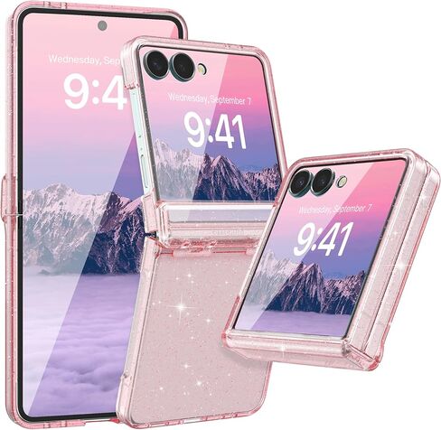 FABSPARK Case for Samsung Galaxy Z Flip 7 Built-in Screen Protector,Hinge Protection,Sparkly Bling Glitter Crystal Clear Transparent Slim Fit Acrylic Hard PC for Samsung Z Flip 7 Case,Glitter Pink in Saudi Arabia