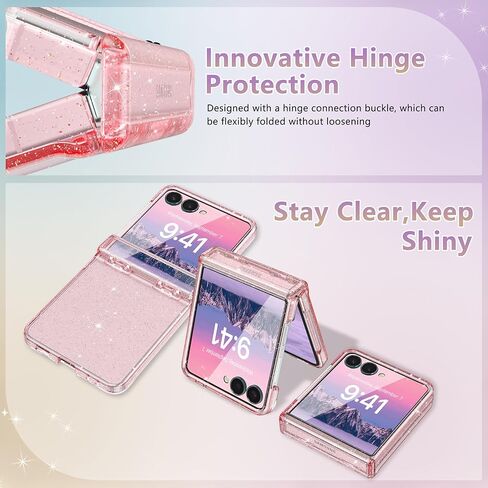 FABSPARK Case for Samsung Galaxy Z Flip 7 Built-in Screen Protector,Hinge Protection,Sparkly Bling Glitter Crystal Clear Transparent Slim Fit Acrylic Hard PC for Samsung Z Flip 7 Case,Glitter Pink in Saudi Arabia