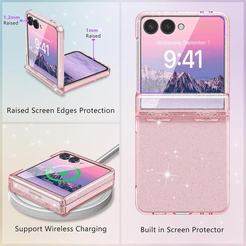 FABSPARK Case for Samsung Galaxy Z Flip 7 Built-in Screen Protector,Hinge Protection,Sparkly Bling Glitter Crystal Clear Transparent Slim Fit Acrylic Hard PC for Samsung Z Flip 7 Case,Glitter Pink in Saudi Arabia