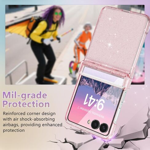 FABSPARK Case for Samsung Galaxy Z Flip 7 Built-in Screen Protector,Hinge Protection,Sparkly Bling Glitter Crystal Clear Transparent Slim Fit Acrylic Hard PC for Samsung Z Flip 7 Case,Glitter Pink in Saudi Arabia