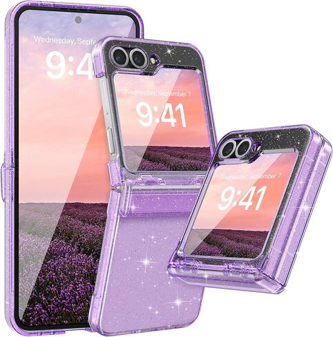 FABSPARK Case for Samsung Galaxy Z Flip 7 Built-in Screen Protector,Hinge Protection,Sparkly Bling Glitter Crystal Clear Transparent Slim Fit Acrylic Hard PC for Samsung Z Flip 7 Case,Glitter Pink in Saudi Arabia