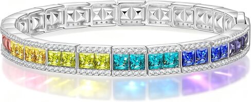 Rainbow Tennis Bracelets, Created with Swarovski® Crystals, Women's Tennis Rainbow Bracelet with Zircon Halo, 3mm Princess Cut Rainbow Crystal & Plated Sterling Silver Bracelets Comes with Deluxe Gift Box, 7-inch in Saudi Arabia