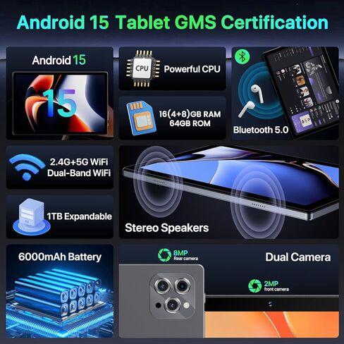 2026 Tablet ，Android Tablet,10.1 inch Android 15 Tablets, 8-Core 16GB RAM 64GB ROM | 6000mAh Battery, 1024GB Expand |1080 * 800 HD IPS Touchscreen | 5G/2.4G WiFi 6 | Bluetooth 5.0 (Gray) in Saudi Arabia