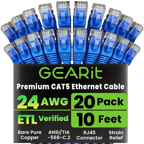 GearIT 20-Pack, Cat5e Ethernet Patch Cable 3 Feet - Snagless RJ45 Computer LAN Network Cord, Blue in Saudi Arabia