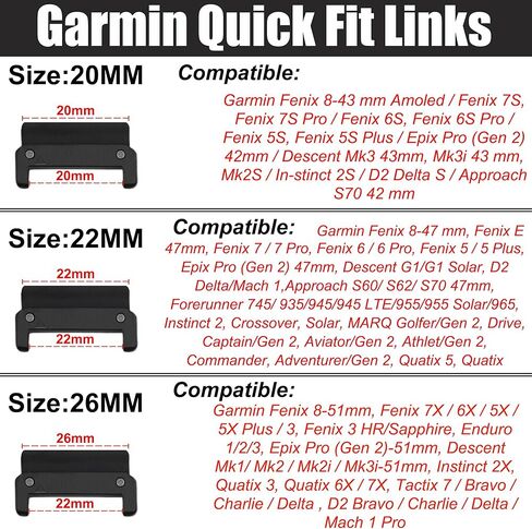 محول QuickFit 20 مم، 22 مم، 26 مم، مجموعة موصلات Lamshaw من الفولاذ المقاوم للصدأ من حزام بديل متوافق مع Garmin Fenix، Quatix، Tactix، Foretrex، Descent، Enduro، epix Pro Series Smartwatch in Kuwait