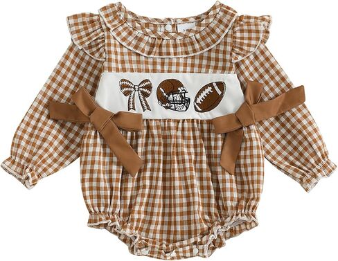 Yuemengxuan Newborn Baby Girl Football Outfit Ruffle Long Sleeve Plaid Bubble Romper Game Day Smocked Onesie Fall Clothes in Saudi Arabia
