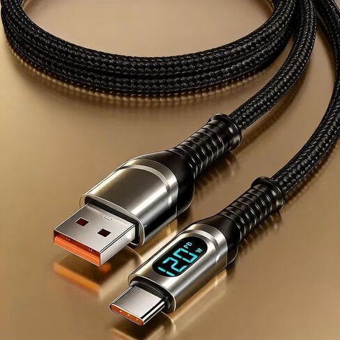 2 Pcs 120W USB-A to USB-C Fast Charging Cable with Digital Display - 6A Type C Cable for MacBook Pro/Air, for Samsung Galaxy S24 Ultra S23-6.5 FT Nylon Braided Cable, Black in Saudi Arabia