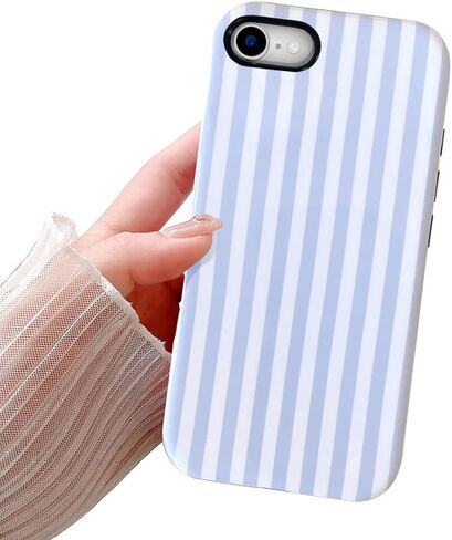 متوافق مع حافظة هاتف iPhone SE /8/7 اللطيفة، تصميم بنمط جمالي مخطط، غطاء حماية هجين مقاوم للخدش مكون من طبقتين للفتيات والنساء - أزرق in Kuwait