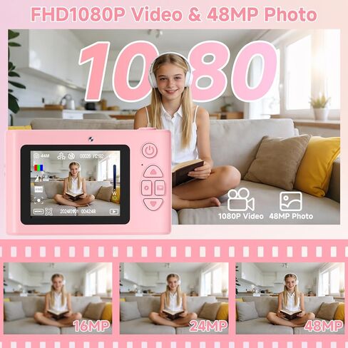 Digital Camera, 48MP Cmopact Camera 1080P Dual Lens Point and Shoot Camera with Fill Light, Portable Camera with 32GB SD Card, Small Digital Camera for Kids Teens Boys and Girls (Pink in Saudi Arabia