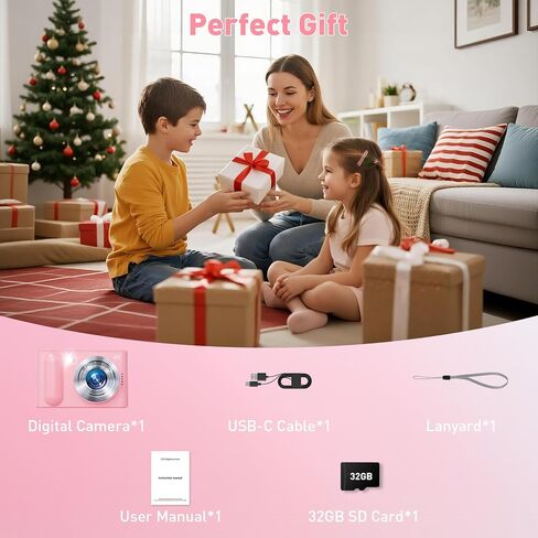 Digital Camera, 48MP Cmopact Camera 1080P Dual Lens Point and Shoot Camera with Fill Light, Portable Camera with 32GB SD Card, Small Digital Camera for Kids Teens Boys and Girls (Pink in Saudi Arabia