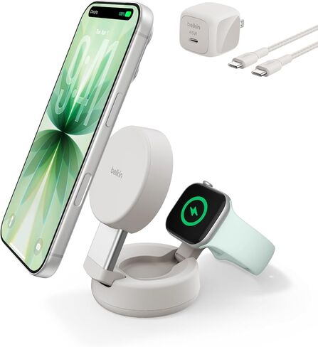 Belkin MagSafe Charger Compatible, 2-in-1 Wireless Charging Station, Qi2.2 25W Convertible Magnetic Charger for iPhone 17, Apple Watch Series 10, Google Pixel 10, and More (45W Adapter Included) in Kuwait