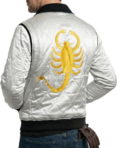 Men's Drive Ryan Gosling Satin White Golden Embroidered Scorpion Quilted Lightweight Warm Windbreaker Bomber Jacket in Saudi Arabia