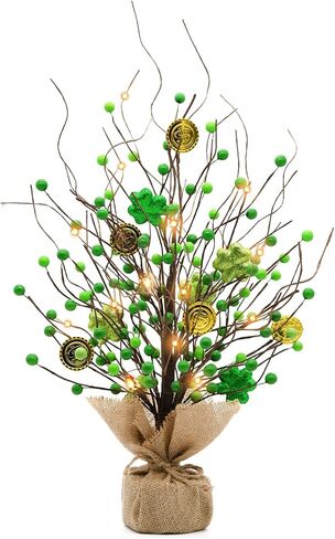 CRCZK St Patricks Day Artificial Tree Decorations St.Patricks Day Decorations St Patricks Day Tabletop Centerpieces Saint Patricks Day Lighted Tree with 20 LEDs, Shamrock&Gold Coins Irish Decor Gifts in Kuwait