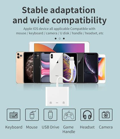 محول Lightning إلى USB (3in1) لهاتف iPhone 14 لجهاز iPad 2 منافذ USB-A موصل كابل OTG لوحة المفاتيح والماوس والكاميرا ومحول محرك فلاش وقارئ بطاقات شاحن لمنفذ Apple Splitter ذكر شحن 3.0 Dongle in Kuwait