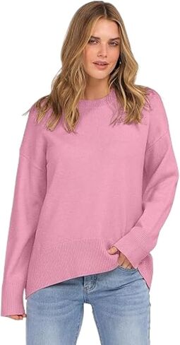 Women's Blush Pink Oversized Cropped Sweater, Crew Neck Knit Top, Trendy Casual Pullover for Fall & Winter Daily Wear in Saudi Arabia