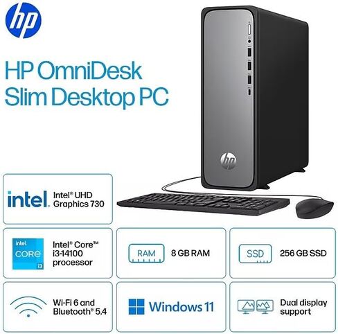 كمبيوتر سطح المكتب HP OmniDesk Slim، Intel Core i3-14100، ذاكرة الوصول العشوائي 8 جيجابايت، 256 جيجابايت SSD، Intel UHD Graphics 710، Windows 11 Home، Meteor Silver، S03-000 (2025) (متجدد) in Kuwait