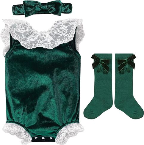 AWIBMK Baby Girls Christmas Outfits Lace Velvet Romper Headband Stocking Party Birthday Cake Smash Set in Saudi Arabia