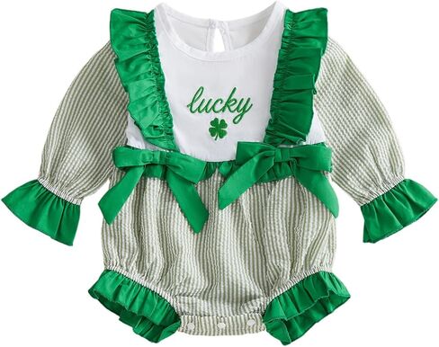 Baby Girl St Patricks Day Outfits Striped Patchwork Shamrock Embroidery Long Sleeve Ruffle Romper Irish Clothes in Saudi Arabia