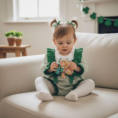 Baby Girl St Patricks Day Outfits Striped Patchwork Shamrock Embroidery Long Sleeve Ruffle Romper Irish Clothes in Saudi Arabia
