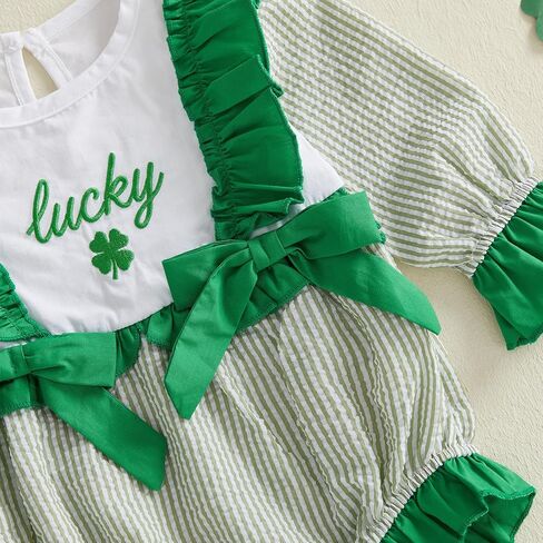 Baby Girl St Patricks Day Outfits Striped Patchwork Shamrock Embroidery Long Sleeve Ruffle Romper Irish Clothes in Saudi Arabia