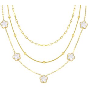 قلادة بطبقات ذهبية للنساء - 3 قطع من قلادات الزهور المطلية بالذهب عيار 18 قيراط، سلسلة ربط كوبية من الفولاذ المقاوم للصدأ قابلة للتكديس، مجوهرات عصرية غير مشوهة، قلادة متعرجة هدايا عيد الميلاد لها in Kuwait